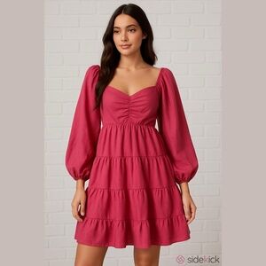 Beyond Words Bright Pink Sweatheart Neckline Puff Sleeve Tiered Dress Large